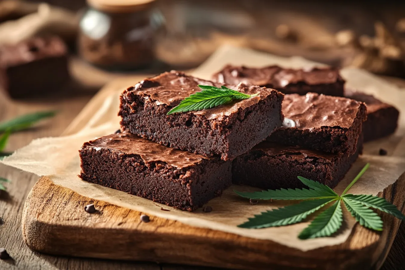 Frisch gebackene Hasch-Brownies auf einem Holzbrett