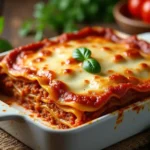 Frisch gebackene Lasagne in einer Auflaufform mit goldbrauner Kruste