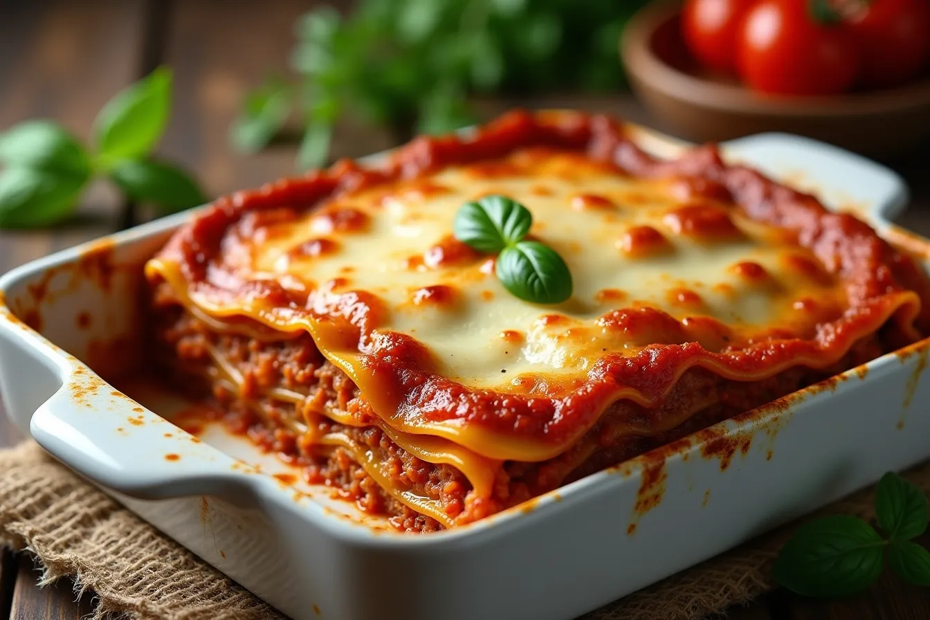 Frisch gebackene Lasagne in einer Auflaufform mit goldbrauner Kruste