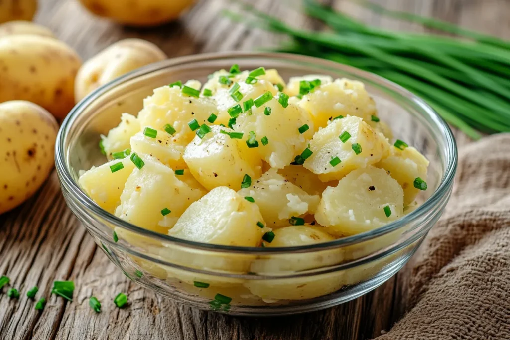 Traditioneller Kartoffelsalat mit Schnittlauch in einer Glasschüssel