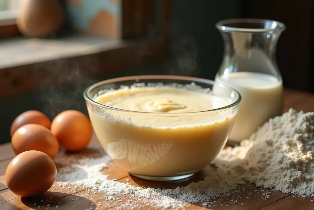 Klassischer Pfannkuchenteig in einer Schüssel mit Schneebesen
