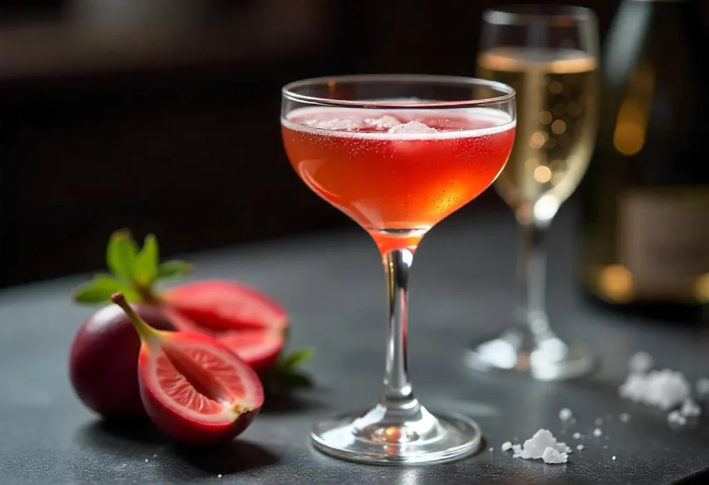 Pornstar Martini mit halber Passionsfrucht und Prosecco auf Bar-Tresen