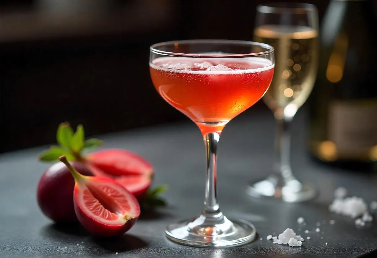Pornstar Martini mit halber Passionsfrucht und Prosecco auf Bar-Tresen
