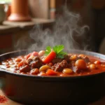 Rindergulasch in einem Schmortopf mit dicker Sauce