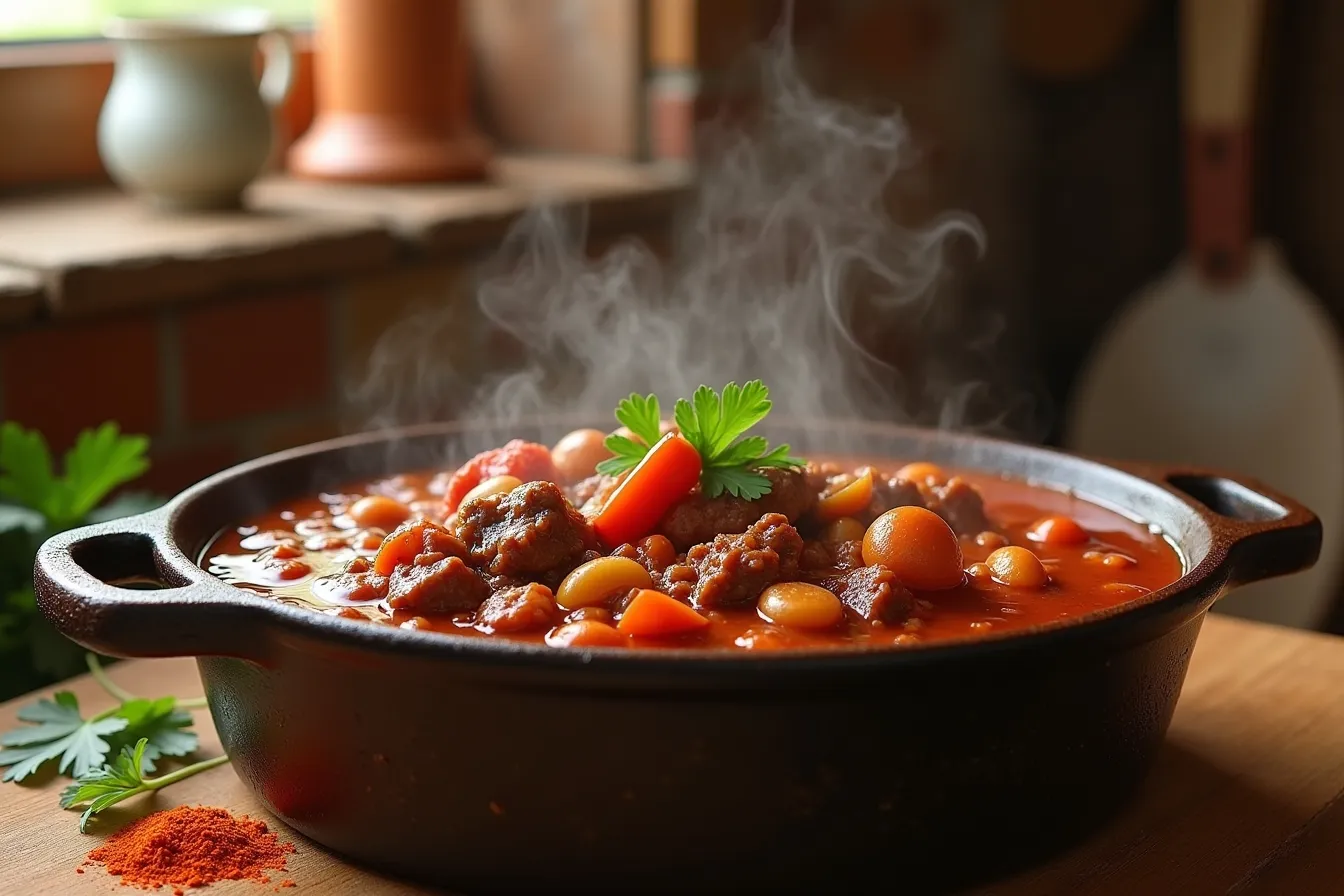 Rindergulasch in einem Schmortopf mit dicker Sauce