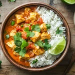 Hühnchen-Curry in Schüssel mit Reis und Koriander
