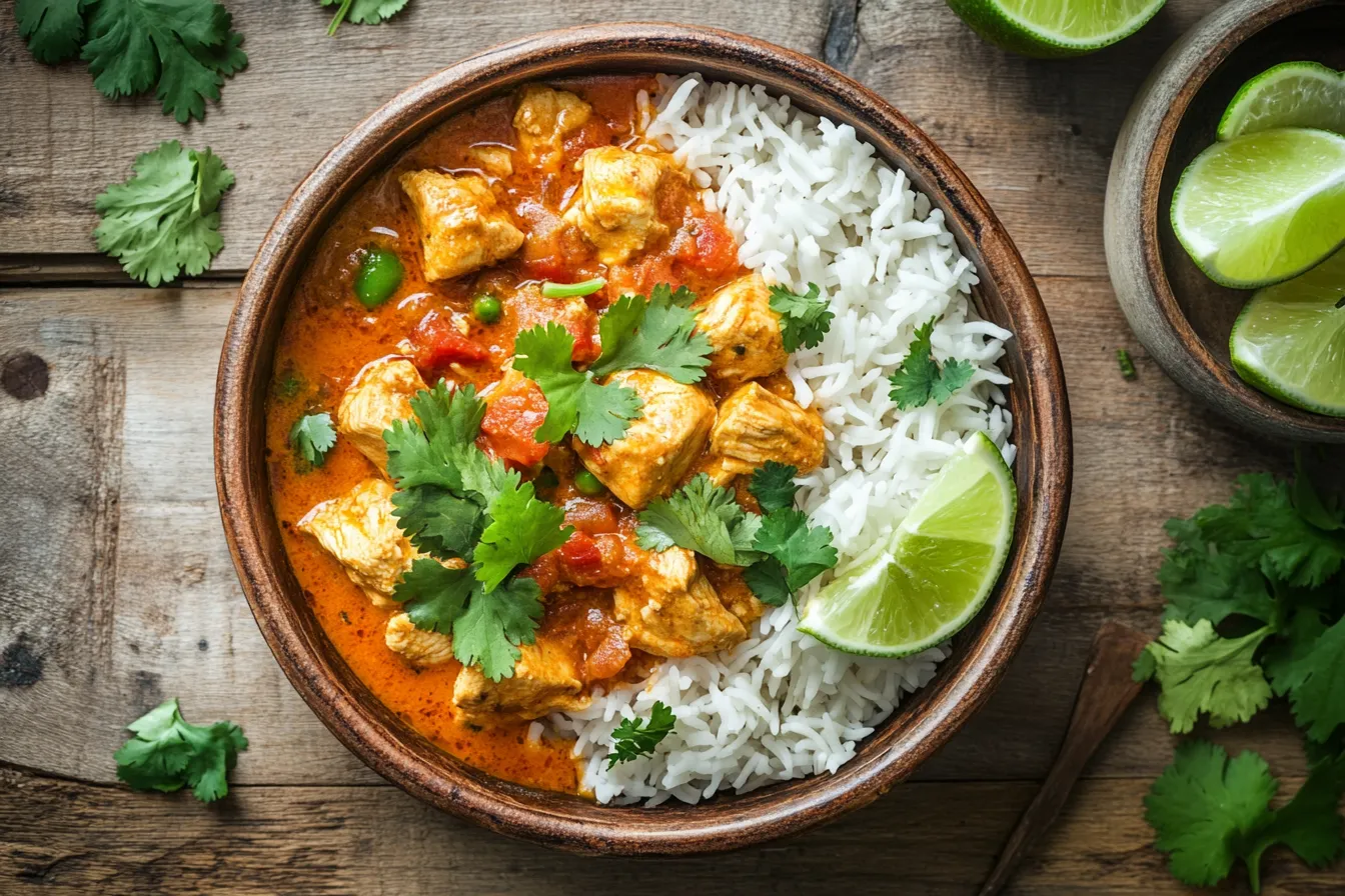 Hühnchen-Curry in Schüssel mit Reis und Koriander