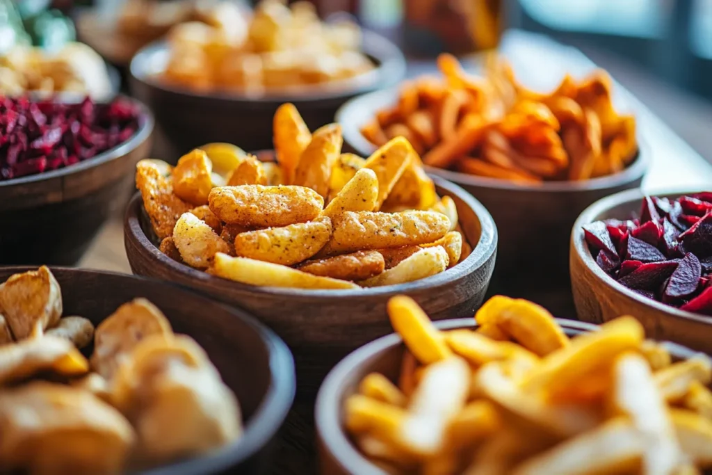 Pommes, Mozzarella-Sticks und Gemüsechips nebeneinander