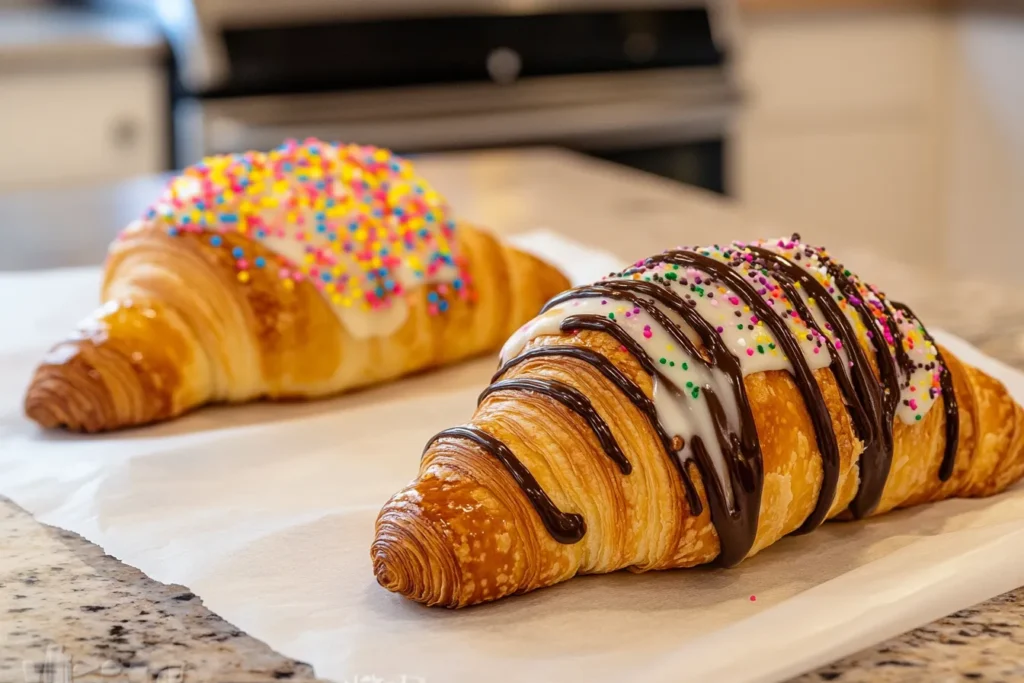Croissants mit Schokoglasur und Streuseln