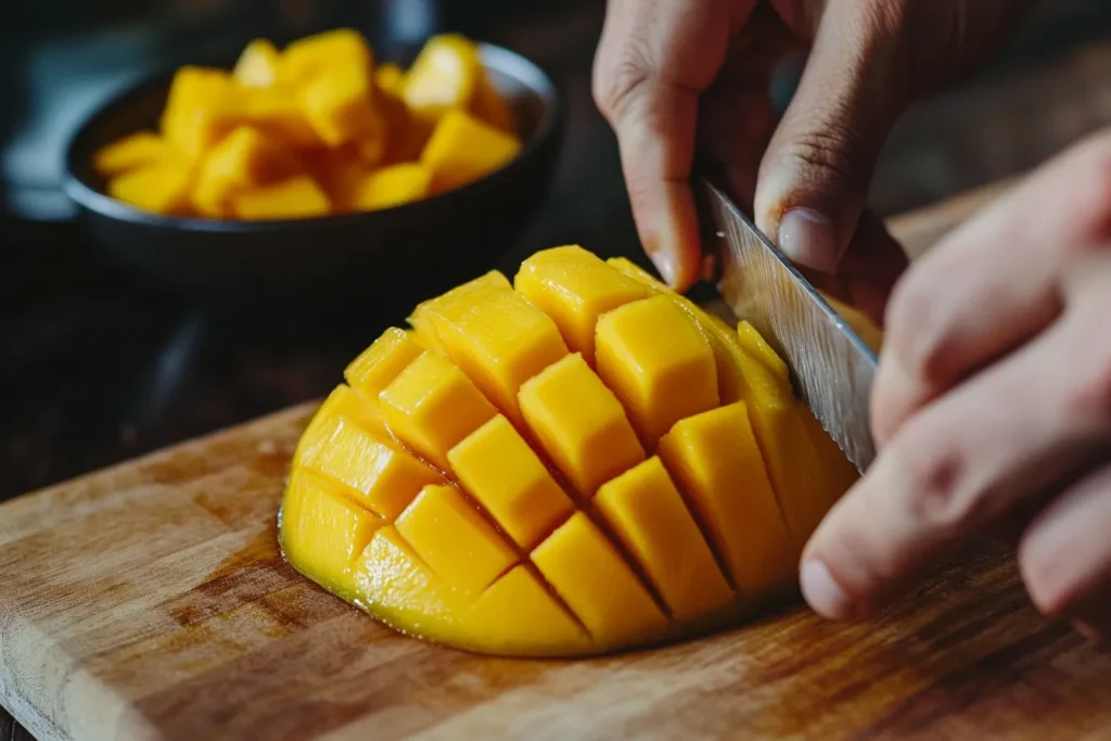 Hände schneiden eine reife Mango für Salat