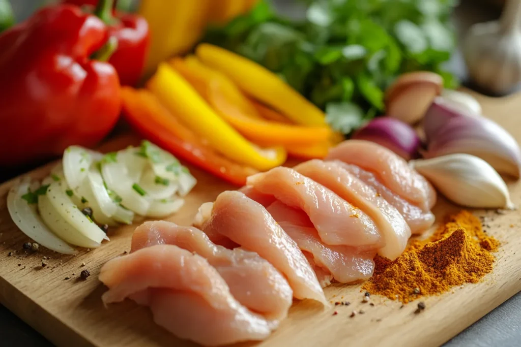 Geschnittenes Hähnchen, Gewürze, Zwiebeln und Paprika