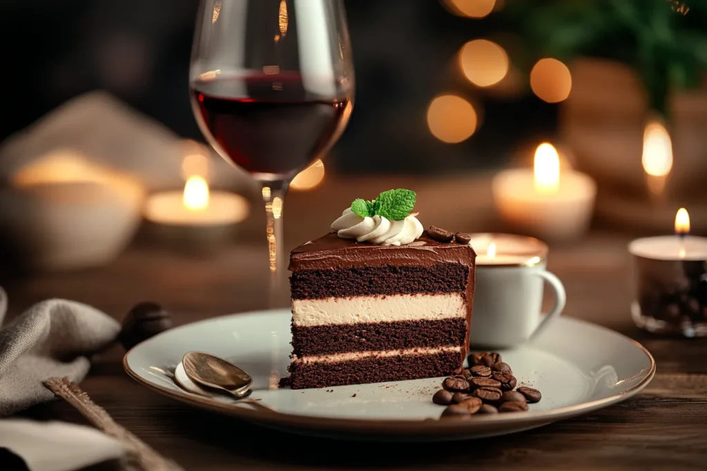 Torte mit Kaffee und Rotwein serviert