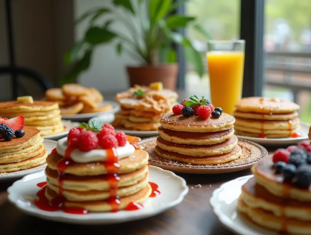 Verschiedene Pfannkuchen-Variationen auf einem großen Tisch