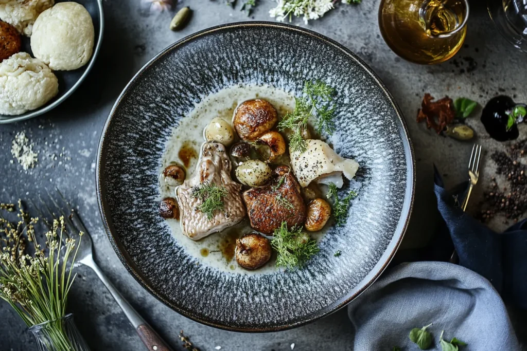Pilzpfanne mit Reis und Kräutern serviert