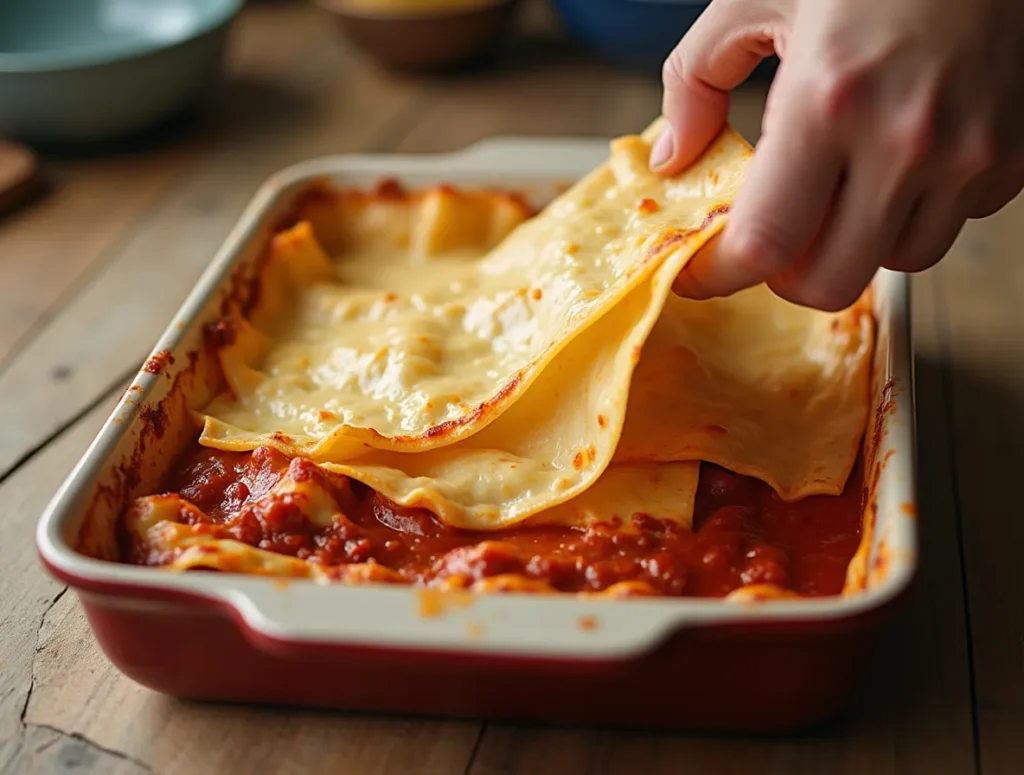 Lasagne wird in einer Form geschichtet, Schicht für Schicht