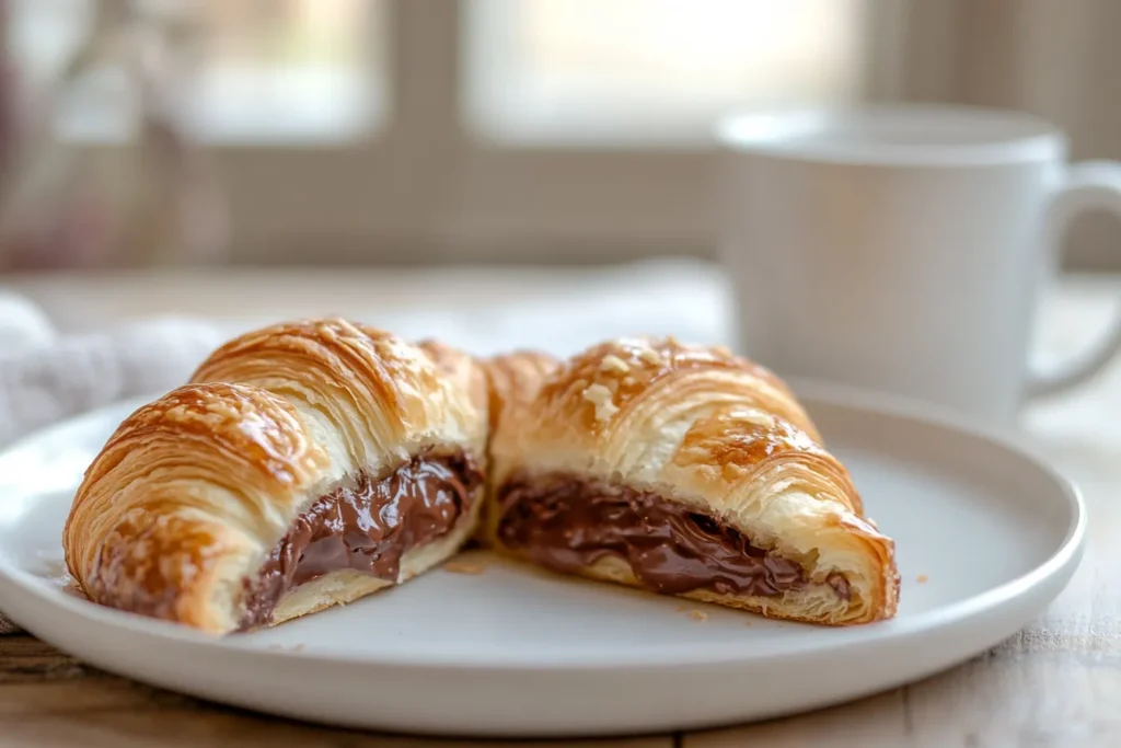 Croissant mit Nutella-Füllung auf weißem Teller