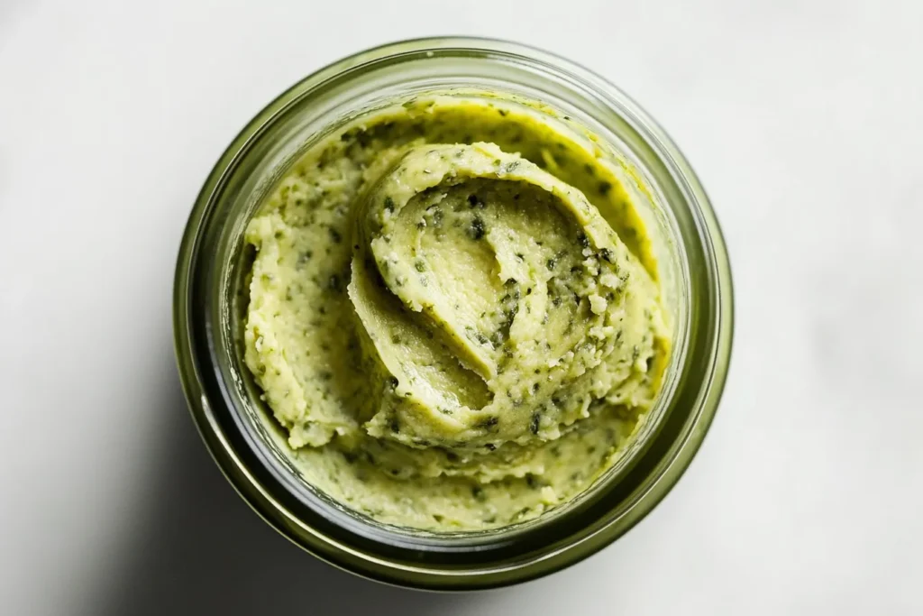 Ein Glas mit grüner Cannabisbutter auf weißem Hintergrund