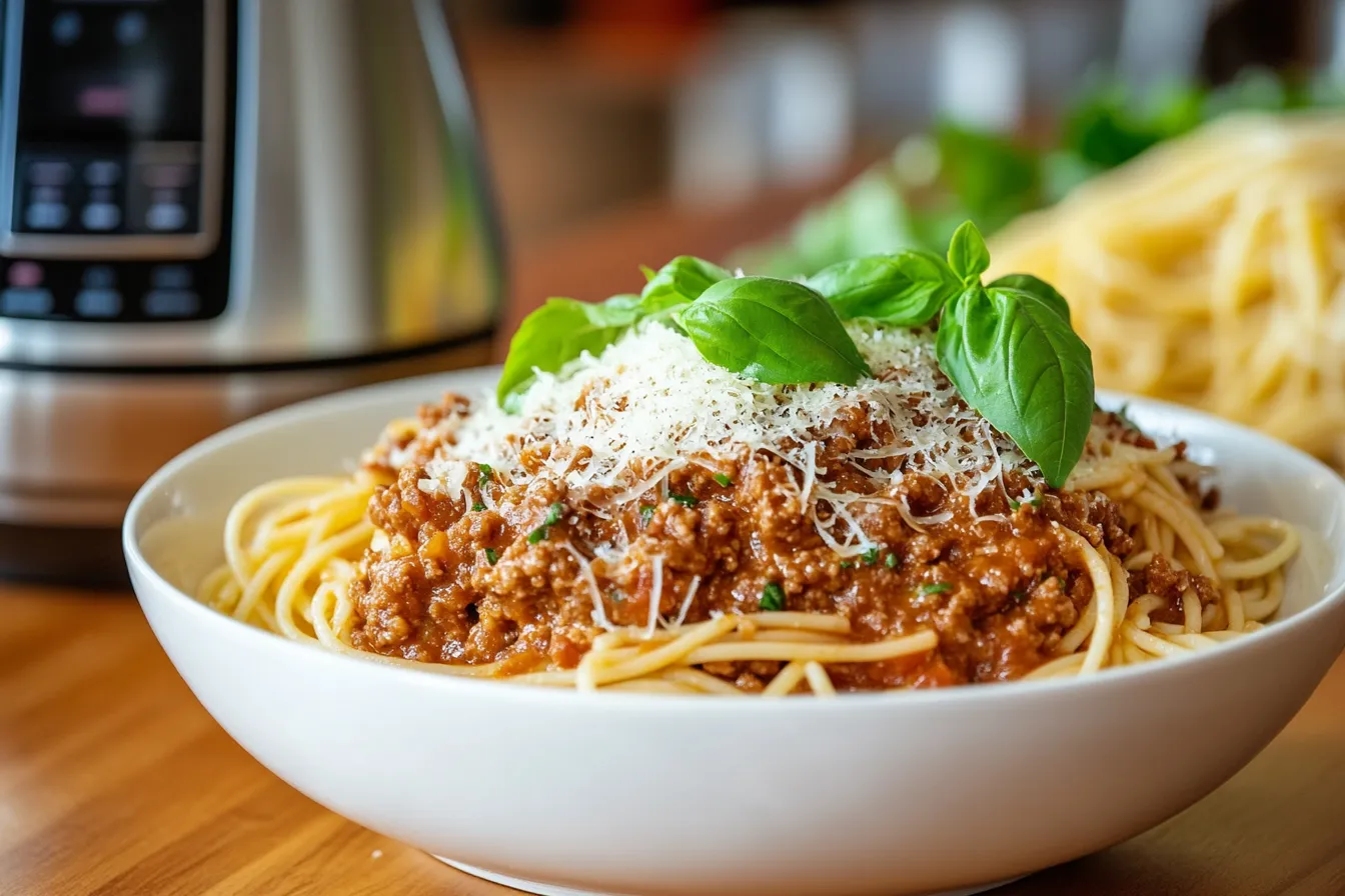 Thermomix Spaghetti Bolognese in einer eleganten Schüssel serviert