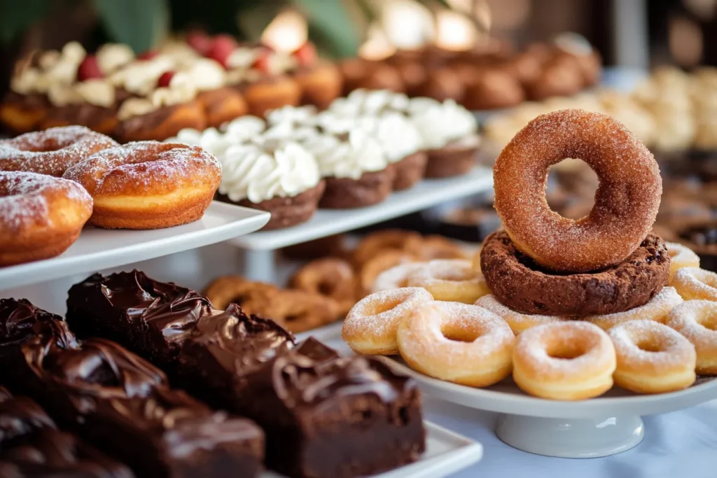 Apfelringe, Donuts und vegane Brownies appetitlich serviert