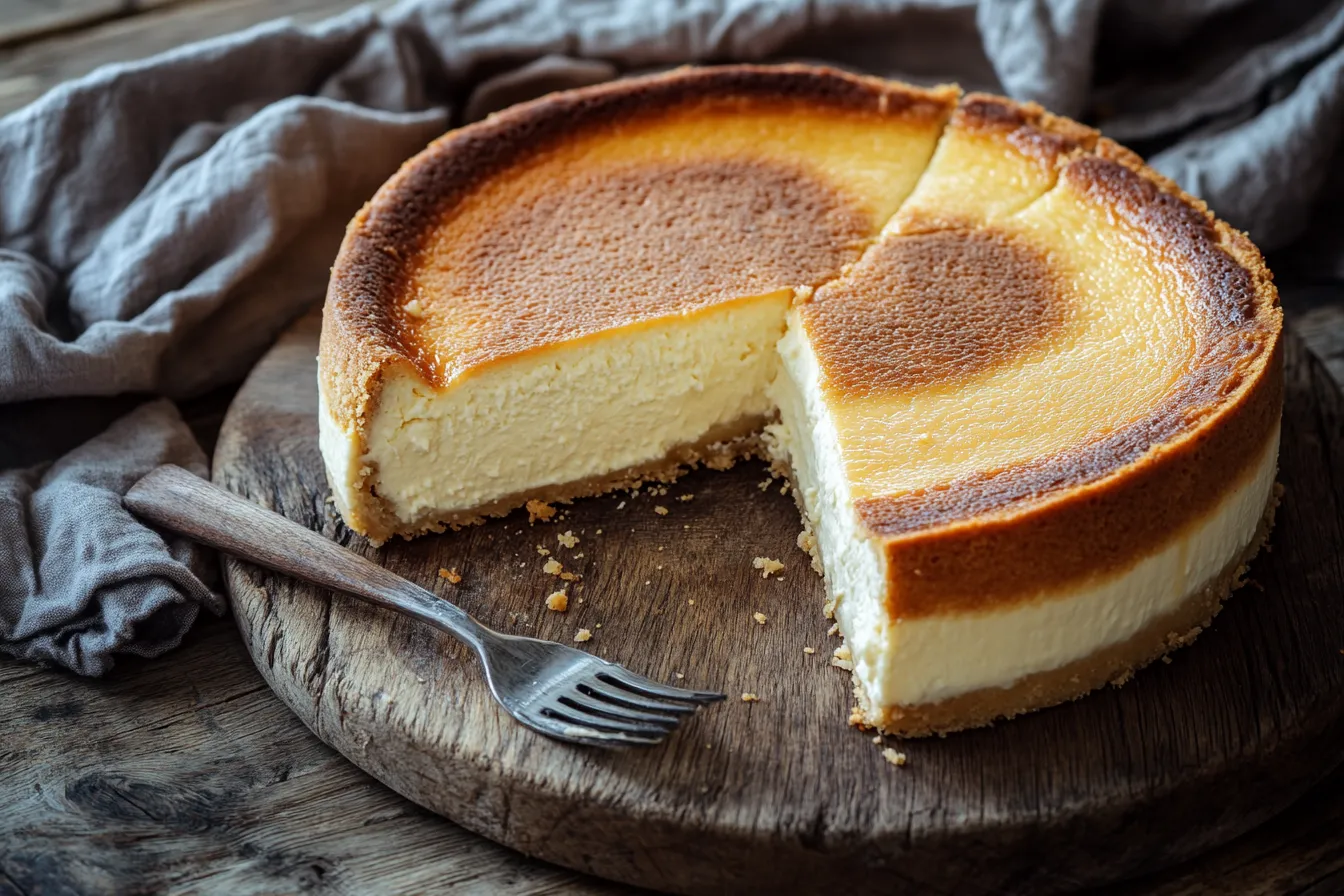 Klassischer Käsekuchen auf einem Teller mit cremiger Füllung