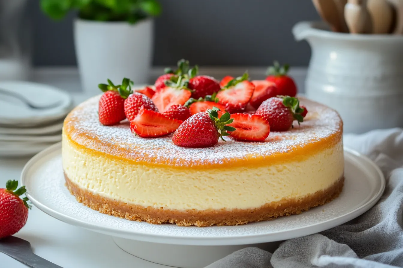 Frischer Thermomix Käsekuchen ohne Boden auf Tortenplatte
