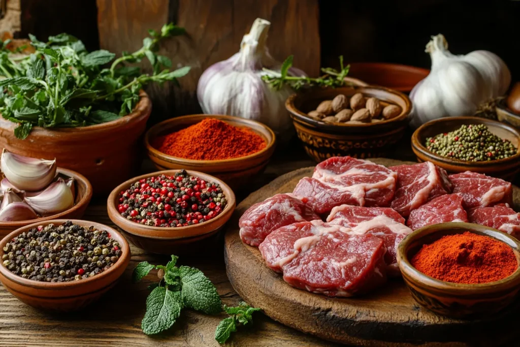 Gewürze und Fleischzutaten für türkisches Essen auf Holztisch