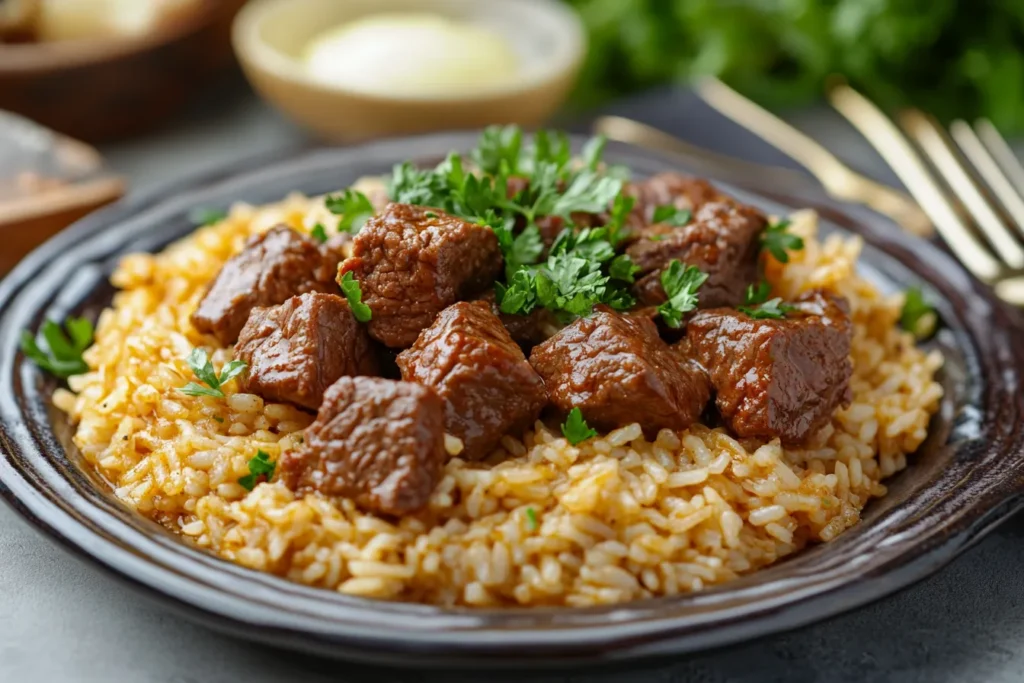 Nahaufnahme von Etli Pilav mit Rindfleisch und Reis