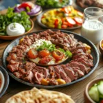 Türkisches Festessen mit Fleischgerichten auf gedecktem Tisch
