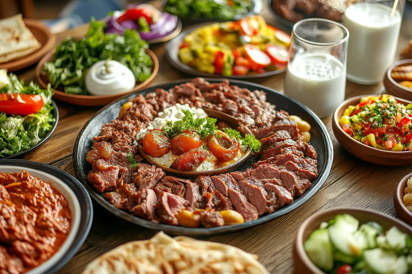 Türkisches Festessen mit Fleischgerichten auf gedecktem Tisch