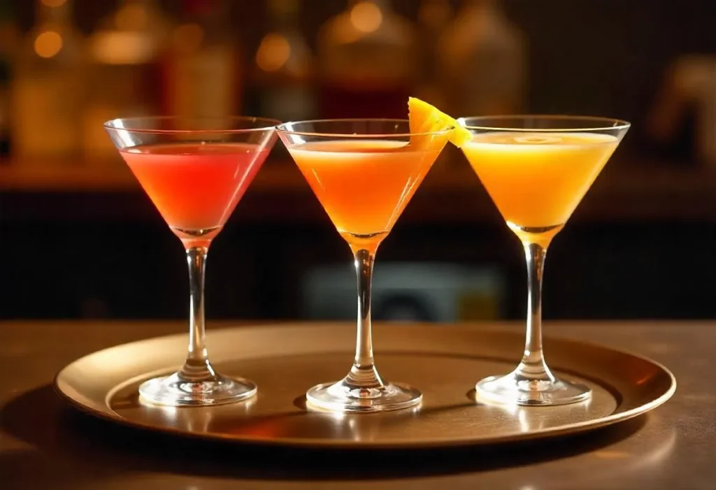 Verschiedene Varianten des Pornstar Martini nebeneinander serviert