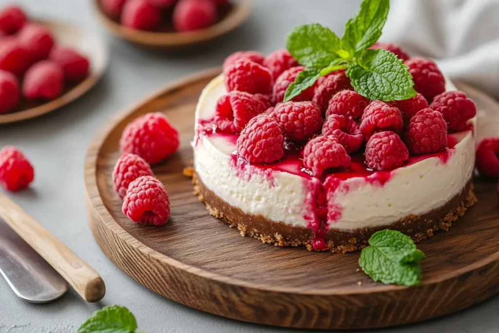 Veganer Himbeer-Käsekuchen auf Holztisch