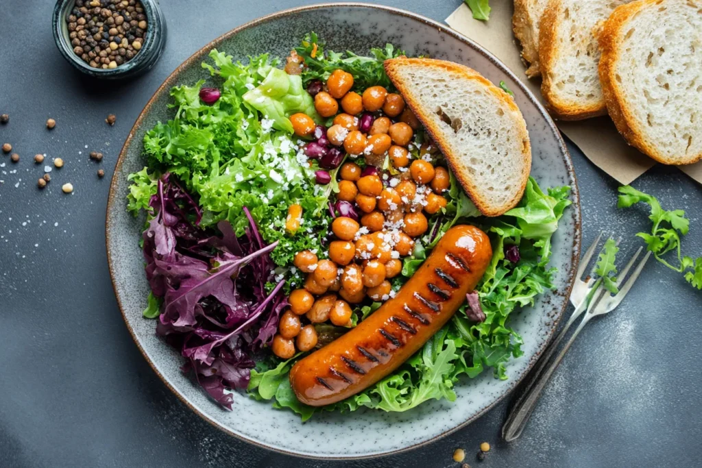 Vegane Currywurst mit Salat
