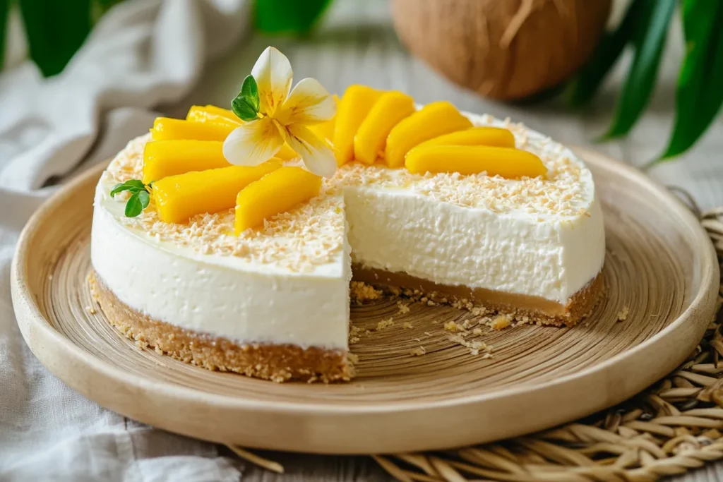 Veganer No Bake Cheesecake mit Mango und Kokosnuss