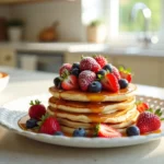 Vegane Pfannkuchen mit frischen Früchten auf einem Teller