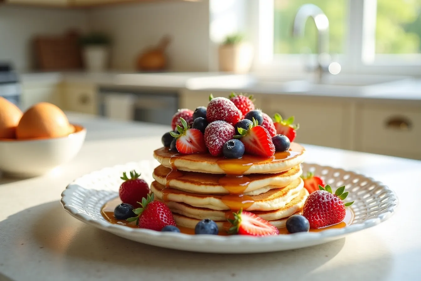 Vegane Pfannkuchen mit frischen Früchten auf einem Teller