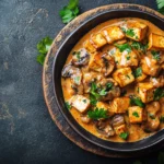Vegane Pilzpfanne mit Tofu-Würfeln