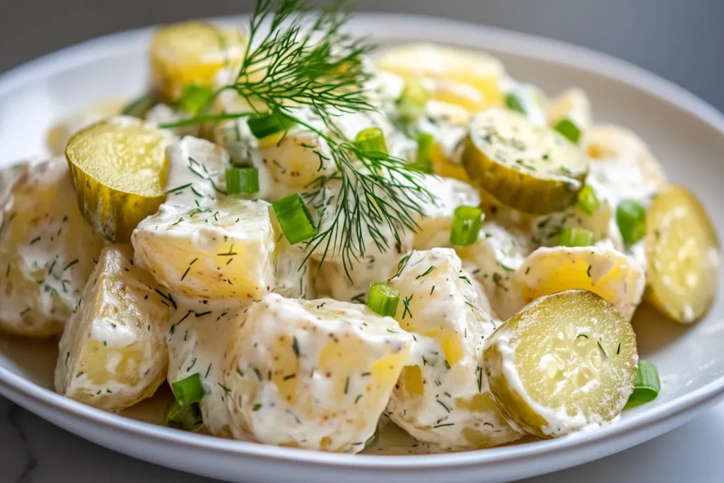 Veganer Kartoffelsalat mit Gurken und Dill angerichtet