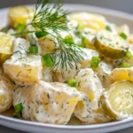 Veganer Kartoffelsalat mit Gurken und Dill angerichtet