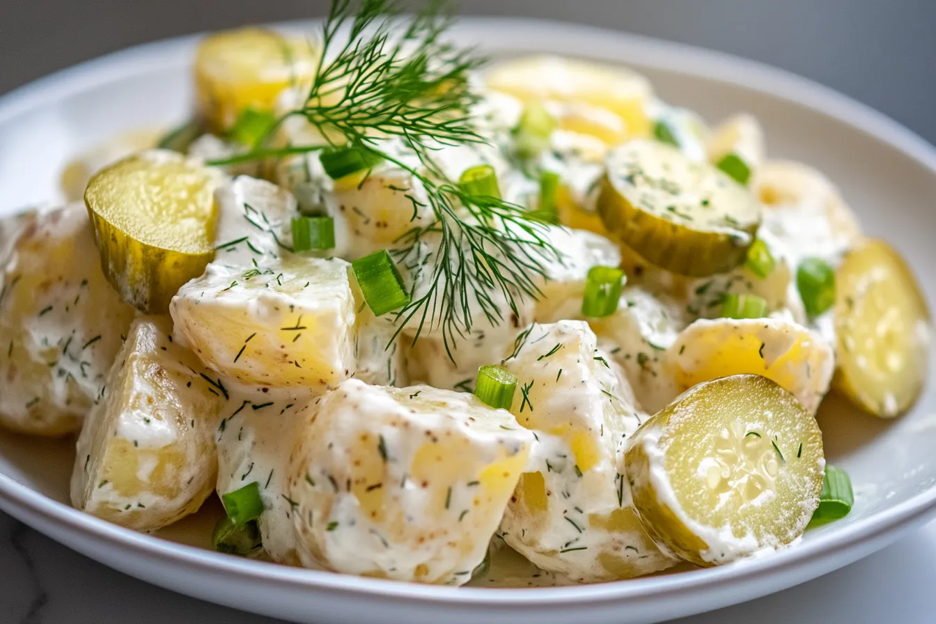 Veganer Kartoffelsalat mit Gurken und Dill angerichtet