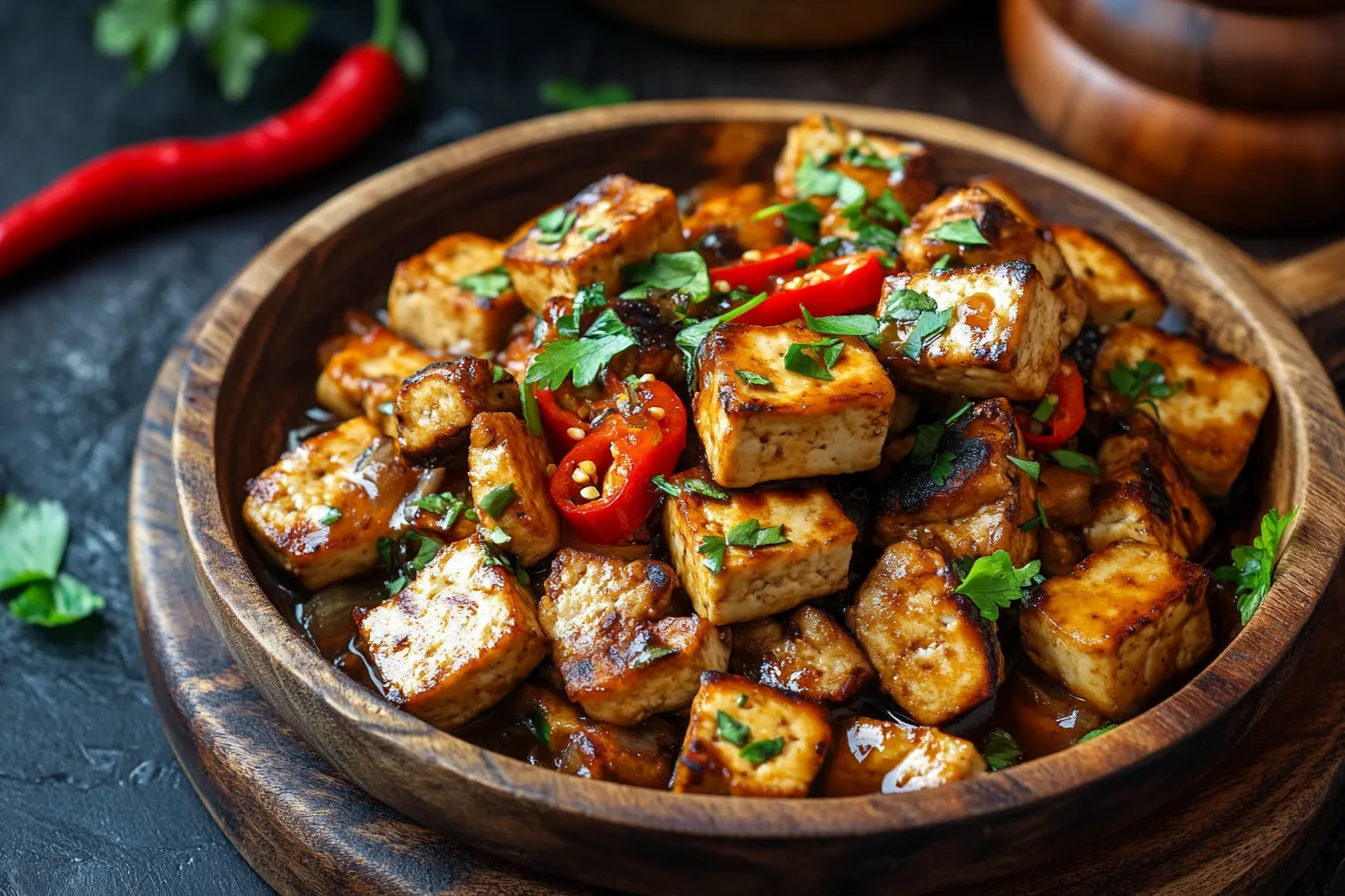 Vegane Pilzpfanne mit Tofu-Würfeln