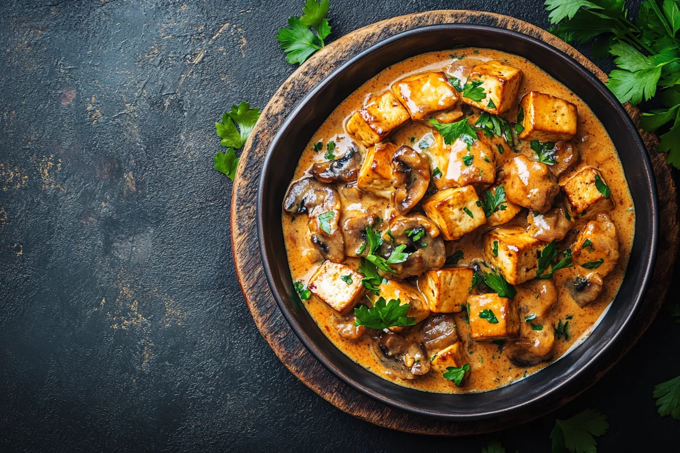 Vegane Pilzpfanne mit Tofu-Würfeln