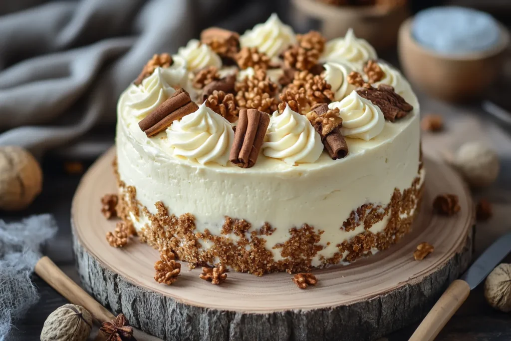 „Karottenkuchen vegan mit Nüssen dekoriert“