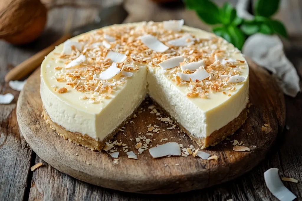 Veganer Käsekuchen aus dem Thermomix mit Kokosraspeln