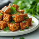 Knusprig gebratener veganer Tempeh mit Erdnusssauce