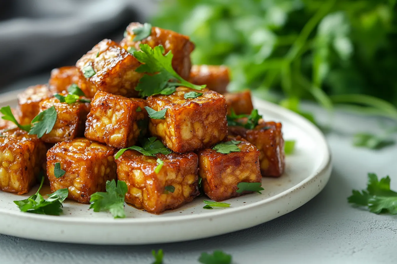 Knusprig gebratener veganer Tempeh mit Erdnusssauce