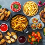 Verschiedene Gerichte aus der Heißluftfritteuse auf einem gedeckten Tisch