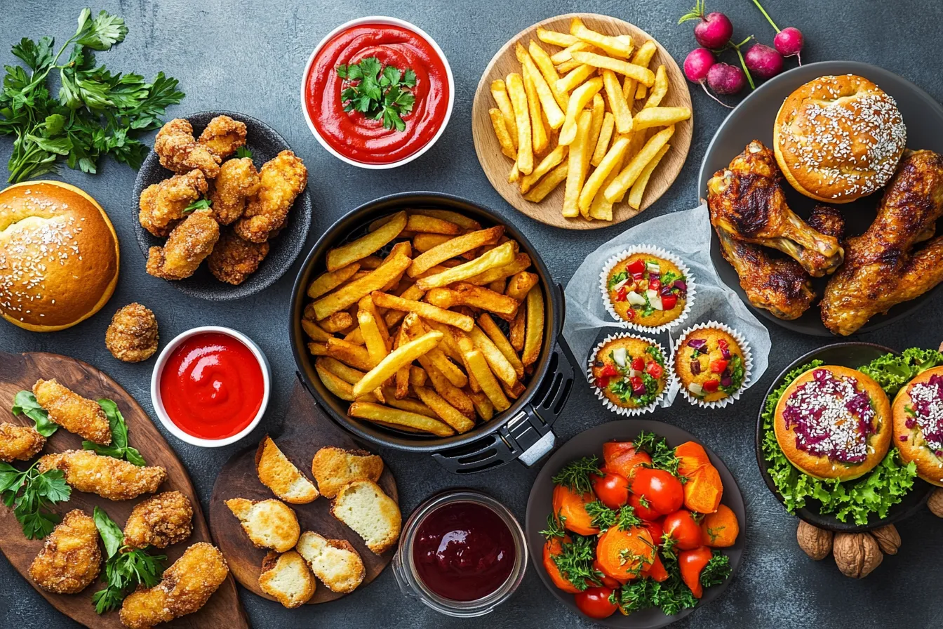 Verschiedene Gerichte aus der Heißluftfritteuse auf einem gedeckten Tisch