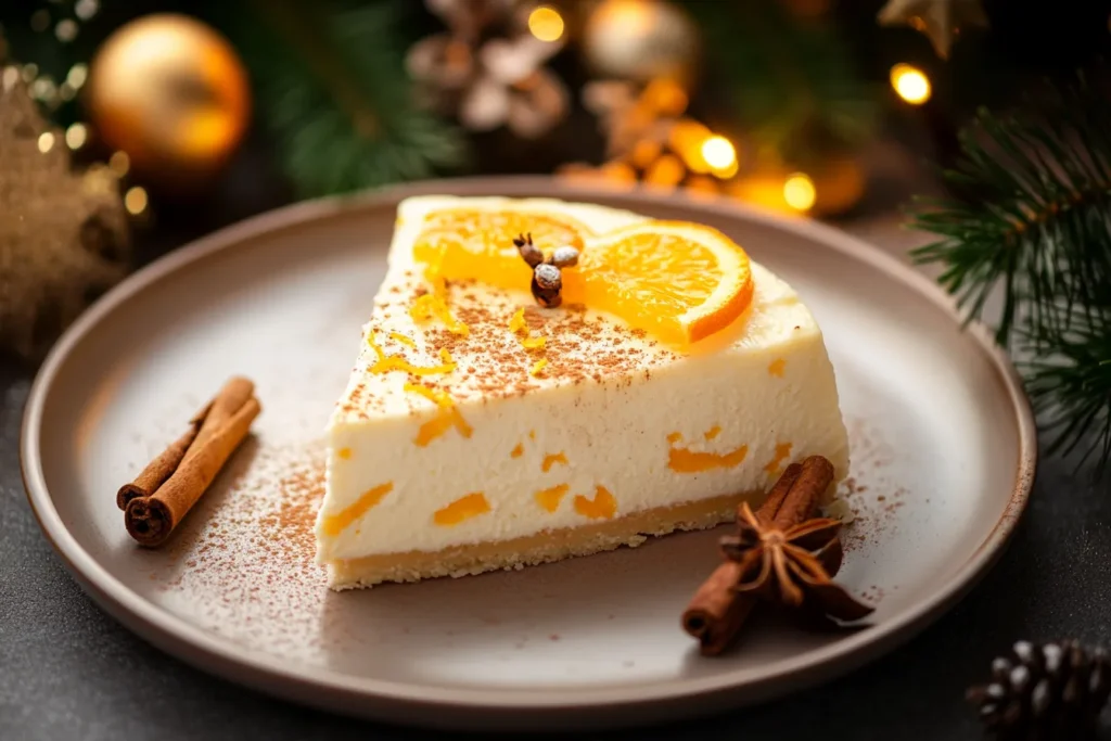 Käsekuchen mit winterlicher Orangendekoration