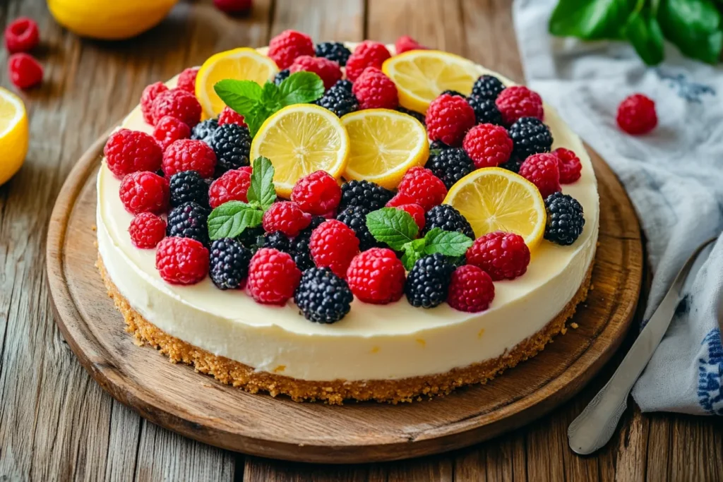 Käsekuchen mit Beeren und Zitronen dekoriert