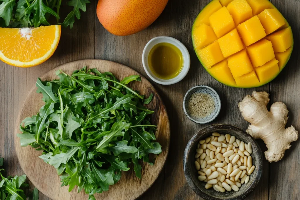 Mango, Rucola, Pinienkerne und Dressing-Zutaten nebeneinander
